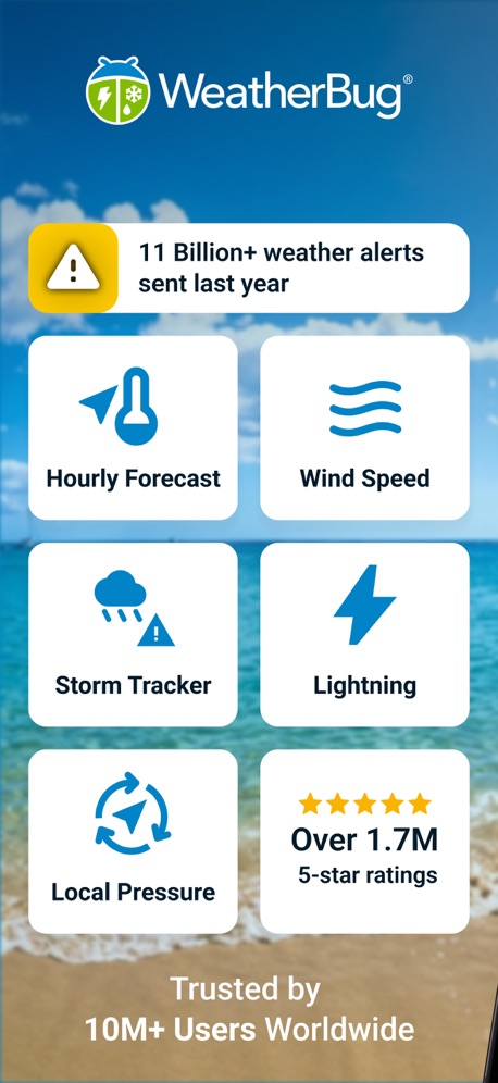 WeatherBug: Weather Forecast App Store screenshot 1, headline “11 Billion+ weather alerts sent last year”. Uses a number.