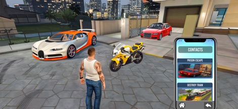 Open Drive 3D: Gangster Games - Access a diverse range of challenges through the intuitive in-game mobile phone, offering missions like 'Prison Escape' alongside a collection of exotic vehicles including a white/orange sports car and a yellow sportbike.