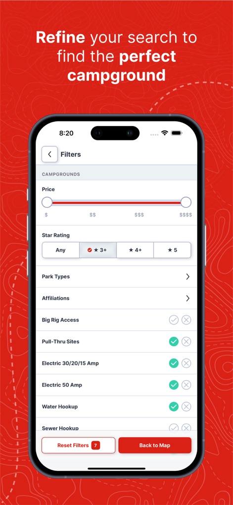 RV LIFE - RV GPS & Campgrounds - Questo strumento permette di raffinare la ricerca di campeggi tramite "Filtri" dettagliati, includendo "Star Rating" e specifiche amenità come "Electric 30/20/15 Amp", per trovare la soluzione ideale.