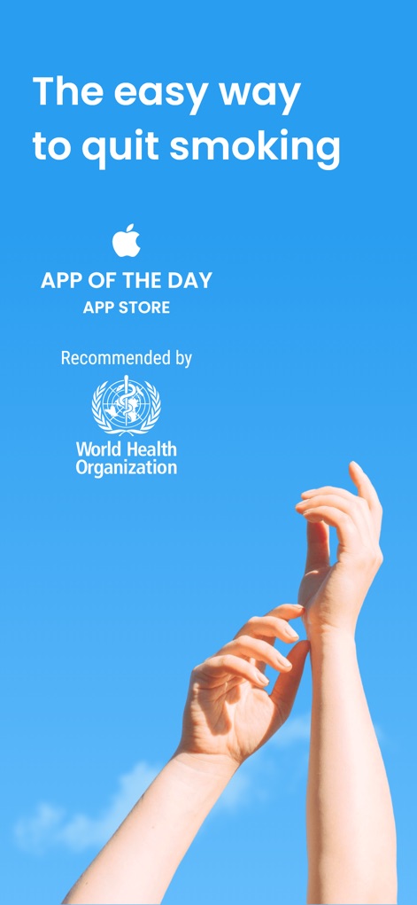 QuitNow! - Esta imagem inicial destaca a recomendação da Organização Mundial da Saúde (OMS) e o reconhecimento como "App do Dia", transmitindo confiança e autoridade do aplicativo.