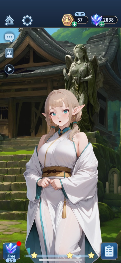 Anime Dating Sim: Story Games - La inmersión del juego se realza con el detallado diseño del personaje femenino, que incluye orejas puntiagudas y vestimenta tradicional, ambientado en un entorno de templo japonés con una estatua antigua.