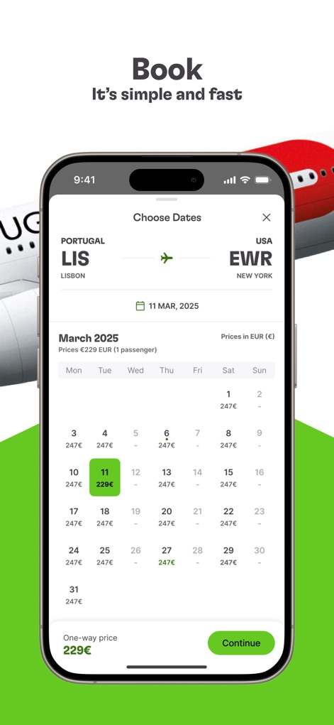 TAP Air Portugal - This tool provides a clear 'Choose Dates' calendar displaying flight prices for specific days, simplifying the booking process from 'LIS' to 'EWR'.