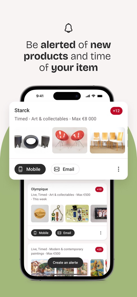 Interencheres - Online sales - The app ensures users stay informed with timely bid alerts, offering customizable notification options via 'Mobile' or 'Email' and detailing item categories like 'Art & collectables'.