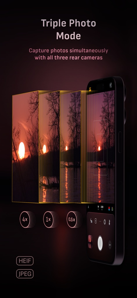 Camera M - Pro Manual Camera - Explore the Triple Photo mode, capturing images concurrently with all three rear cameras, from 0.5x ultra-wide to 4x telephoto.
