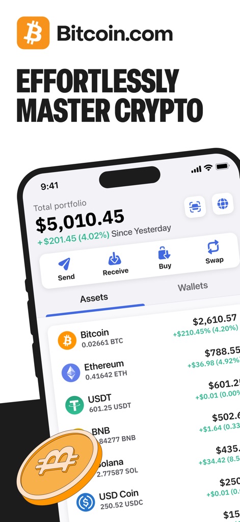 Bitcoin.com Wallet: Buy, sell - See how the app provides an immediate overview of crypto holdings with the 'Total portfolio' value and a detailed 'Assets' list for easy tracking.