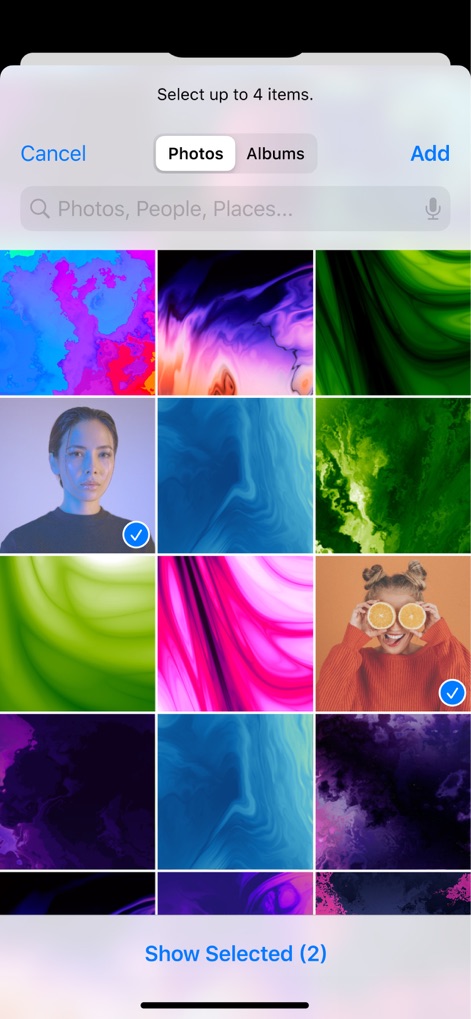 Photo Collage Maker・Pic Layout - El selector de fotos integrado permite a los usuarios elegir fácilmente imágenes de su galería, mostrando un indicador de selección múltiple y el número de elementos elegidos para una experiencia fluida.