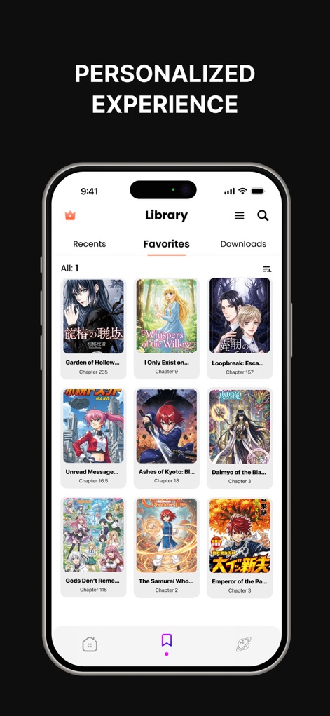 Manga Reader Infinity - La biblioteca personal organiza el contenido en "Recents" y "Favorites", permitiendo gestionar "Downloads" de manera eficiente.