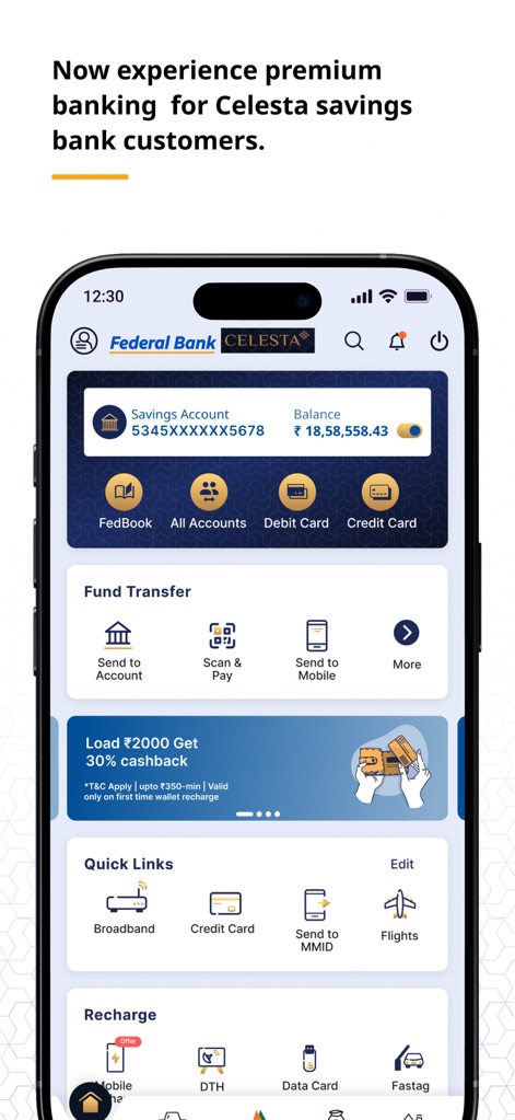 FedMobile - Observe the exclusive 'Federal Bank CELESTA' interface, designed for premium customers, showcasing readily accessible features for 'Credit Card' services and integrated 'Flights' booking options.