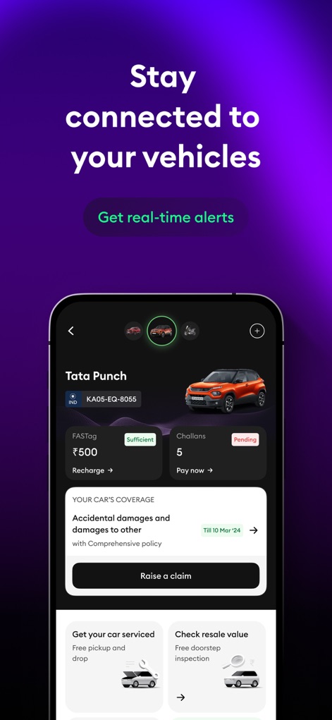 ACKO Insurance - Users gain comprehensive control over their vehicles, seeing 'FASTag' balances and 'Challans' status, along with options to 'Get your car serviced' and check resale value.