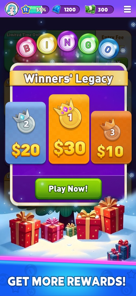 Bingo Legend : Win Real Cash - The app clearly presents winning tiers with distinct prize amounts for first, second, and third place, motivating users to compete for top rewards.