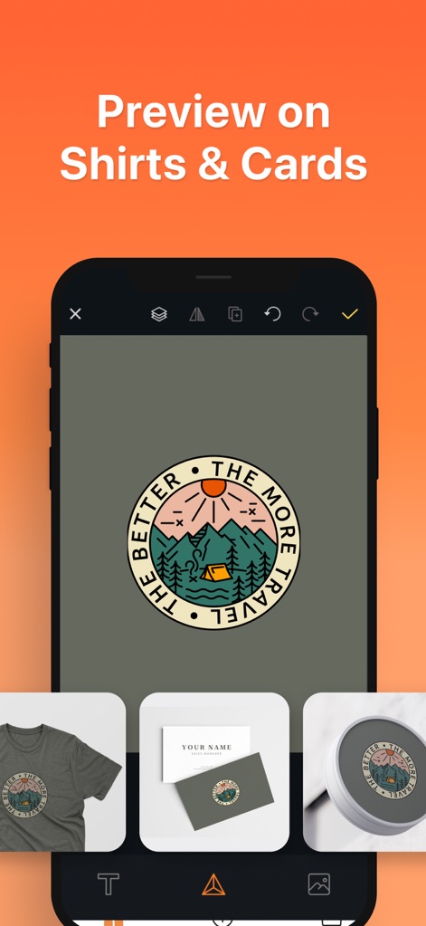 Boon: AI Logo Maker & Design - Nutzer können ihre fertigen Logo-Designs direkt auf verschiedenen Medien visualisieren, wie hier auf einem T-Shirt und einer Visitenkarte, um einen realistischen Eindruck des Brandings zu erhalten.