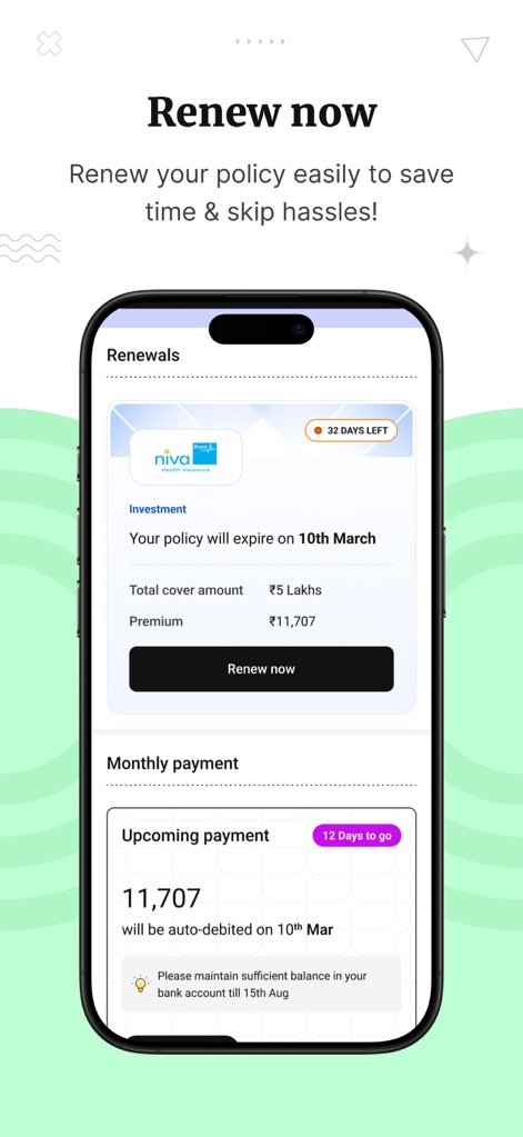 Policybazaar - Buy Insurance - Users receive timely renewal reminders with 'days left' indicators and access comprehensive details of their policy premium and upcoming payments.