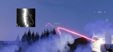 C-RAM CIWS simulator - La aplicación muestra un sistema CIWS disparando un potente rayo láser rojo contra un objetivo aéreo, mientras la densa neblina y los árboles de un entorno boscoso añaden realismo a la escena.