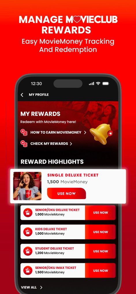 TGV - Track and redeem your MovieClub Rewards with ease, viewing accumulated MovieMoney and options for redeeming various tickets like the 'SINGLE DELUXE TICKET'.