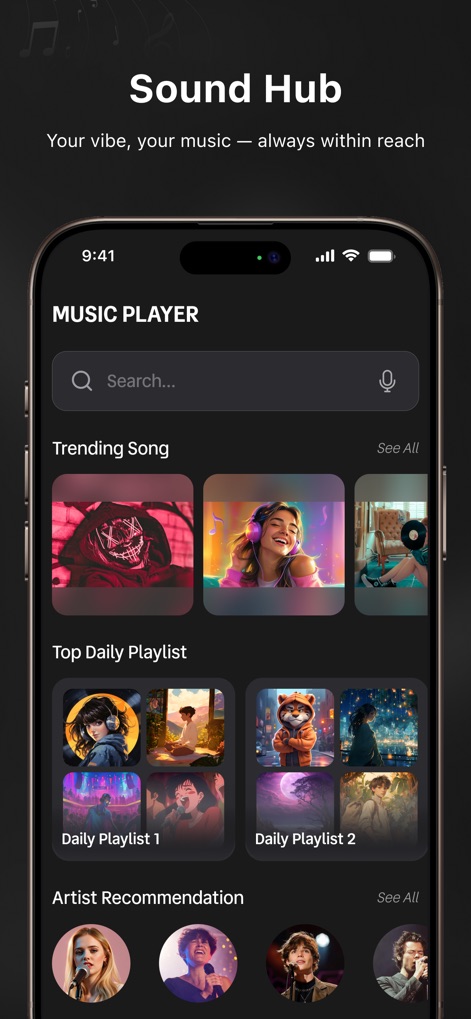RYT - Music Player - El "Sound Hub" organiza el contenido con secciones claras de "Trending Song" y "Top Daily Playlist", facilitando la exploración de la música más popular y las recomendaciones personalizadas.