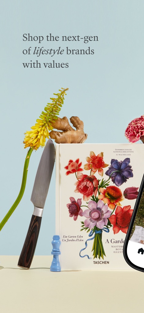 Choose: Daily Discovery - This app showcases curated products alongside inspirational lifestyle imagery and clear messaging about values-driven shopping.