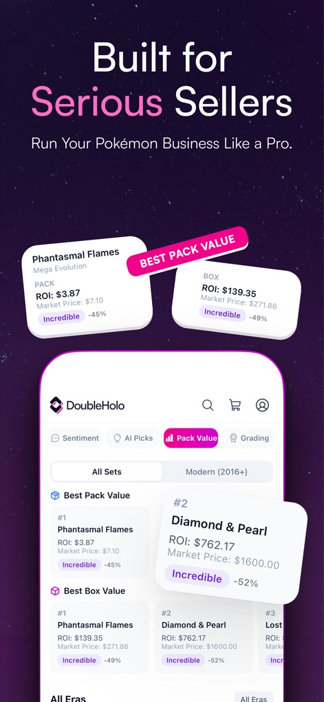 Double Holo: Card Marketplace - Collectors can optimize purchases by identifying the 'BEST PACK VALUE' and reviewing detailed 'Pack Value Analysis' to see expected ROI before opening products.
