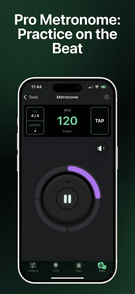 Tuner Pro: Guitar Tuner & Tab - A ferramenta possui um metrônomo profissional com exibição de BPM e configurações para subdivisões, facilitando a prática rítmica precisa.