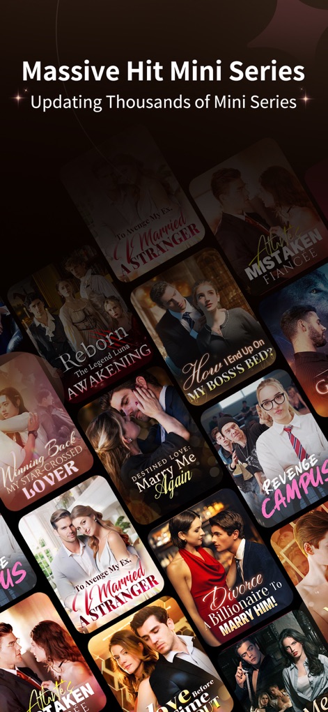 MoboShort - Dramas & Movies - Gli utenti possono esplorare una "Massive Hit Mini Series" (vasta libreria di mini serie di successo) (X), con una ricca varietà di titoli come "Reborn The Legend Luna Awakening" e "Married A Stranger" (Y), sempre aggiornati per offrire nuove narrazioni.