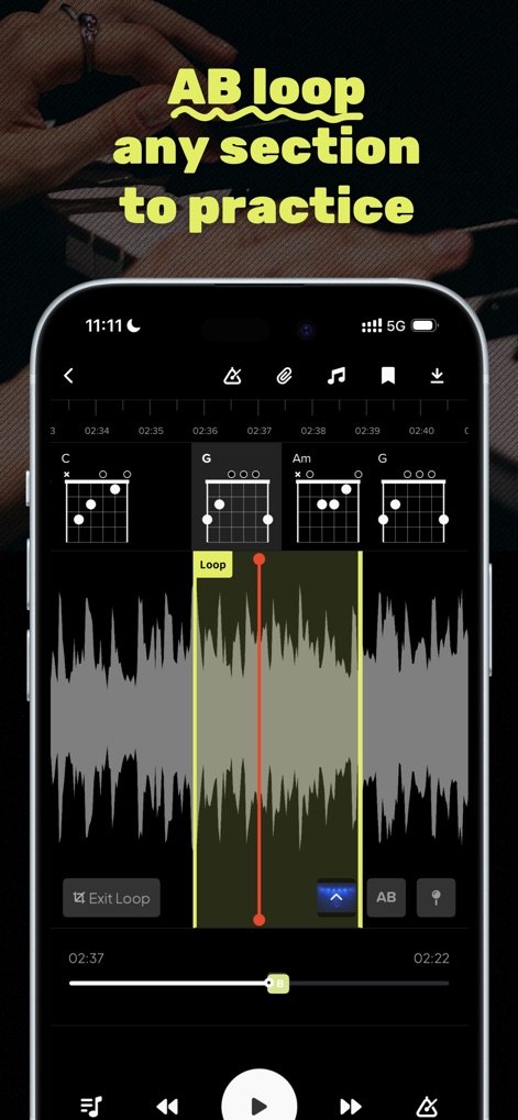 Audio Jam - AI for musicians - Witness how the app facilitates targeted practice by allowing users to define an A/B loop section within the waveform and simultaneously view corresponding chord diagrams.