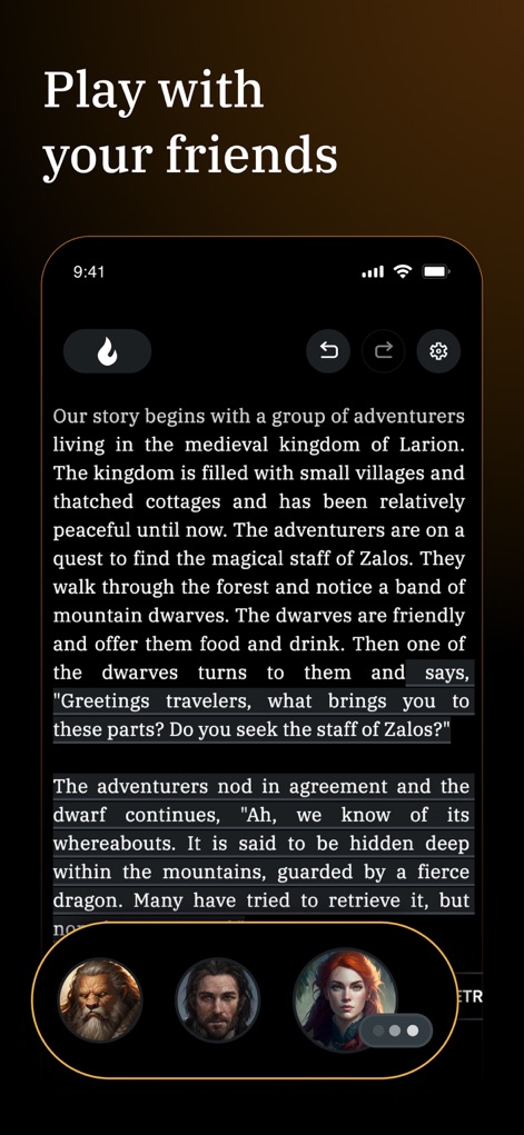 AI Dungeon: RPG & Story Maker - La narrazione testuale immersiva è mostrata in corso, con il testo che descrive l'ambientazione e le azioni, mentre gli avatar dei giocatori in basso confermano la possibilità di vivere avventure multiplayer collaborative.