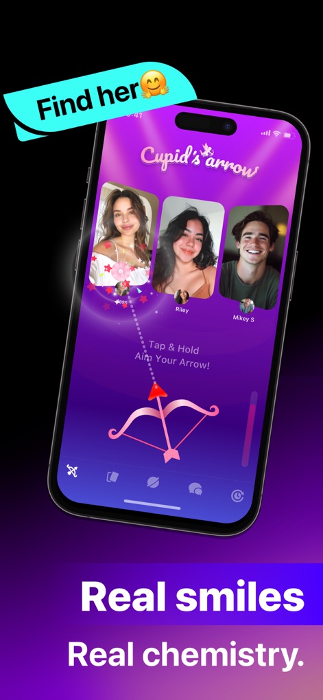 ParaU - Talk Live - See how the Cupid's Arrow feature allows users to 'Tap & Hold' to aim, highlighting specific individual user profiles for personalized connections.