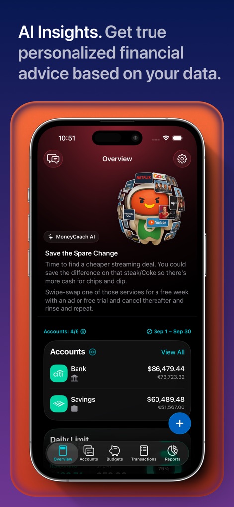 MoneyCoach: Budget Planner - MoneyCoach AI delivers actionable insights, such as the 'Save the Spare Change' advice, integrated directly into the overview to foster better financial habits.