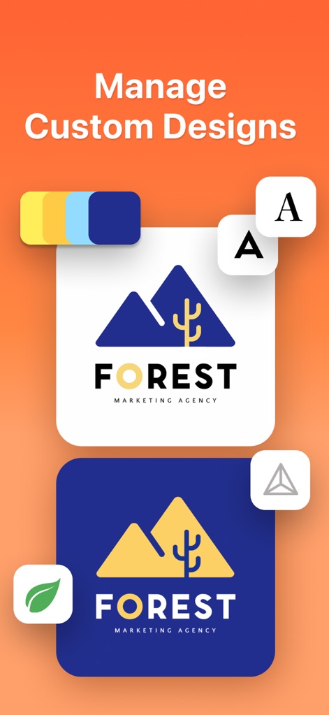 Boon: AI Logo Maker & Design - Diese Darstellung zeigt die Flexibilität bei der Verwaltung individueller Designs, indem zwei Varianten des 'Forest Marketing Agency'-Logos mit unterschiedlichen Farbschemata und der Option zur Icon- oder Schriftauswahl präsentiert werden.