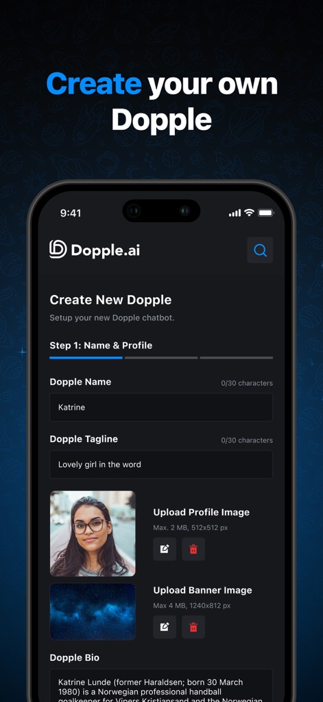 Dopple.AI - Users gain full creative control through the Dopple creation interface, allowing them to define a 'Dopple Name' and 'Dopple Tagline' while uploading custom profile and banner images.
