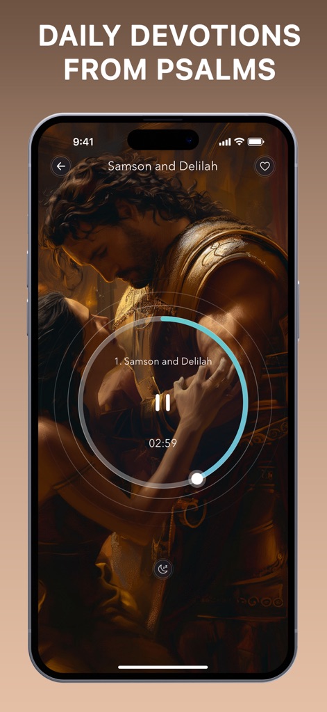 BlessedPath: Stress Relief - Immerse in daily devotions and audio Bible stories, with a clear player interface showing the story title like "Samson and Delilah" and an intuitive progress bar for tracking listening.