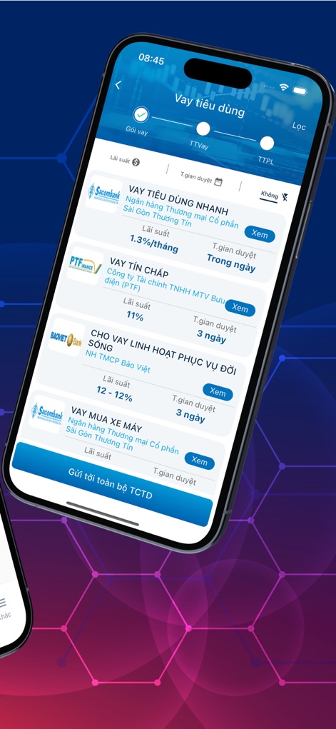 iCIC - La interfaz de "Vay tiêu dùng" (Préstamo de consumo) presenta un listado claro de opciones de crédito con sus respectivas tasas de interés y exhibe los plazos de aprobación como "Trong ngày" (el mismo día).