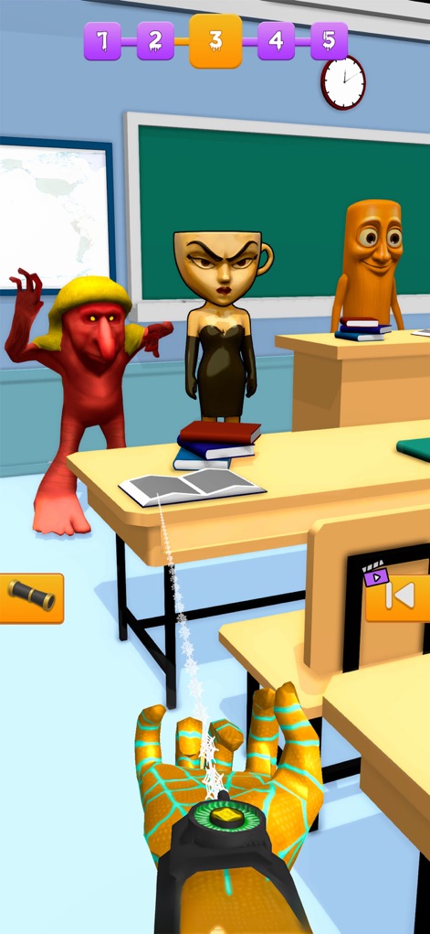 Rapid Punch Hero! - La aplicación transporta a los jugadores a un aula de clase con pupitres y una pizarra, donde una mano brillante libera una proyección de telaraña, añadiendo un giro inesperado al combate.