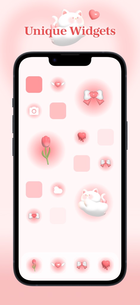 Photo Widget - Themes & Icons - Explore an array of unique cute widgets, such as the glowing cat and bow designs, demonstrating the app's diverse customization options.