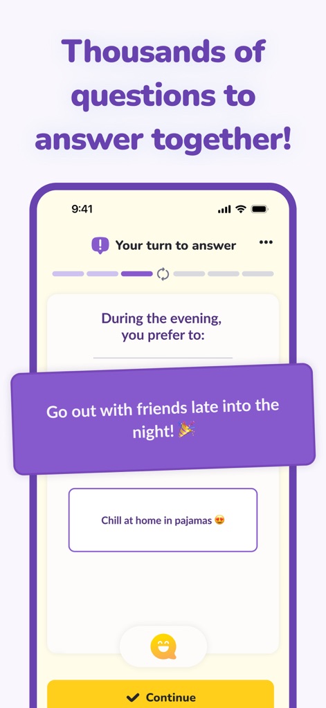 LovBirdz - Couple Love Quiz - ユーザーは「回答する番」のプロンプトと二者択一形式の質問を通して、パートナーの意外な一面を発見できます。