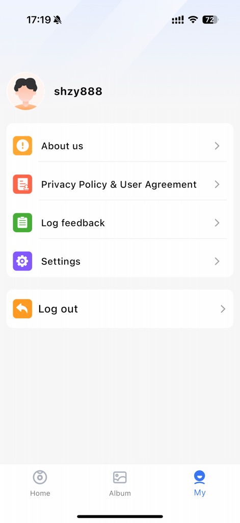 Z-IOT CAM - This tool offers comprehensive personal account settings, providing quick access to app information and crucial options like 'Privacy Policy & User Agreement'.