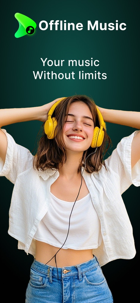Offline Music, MP3 Player - A imagem principal do aplicativo exibe uma usuária sorridente usando fones de ouvido amarelos e a frase impactante: "Your music Without limits" (Sua música sem limites), destacando a liberdade auditiva.