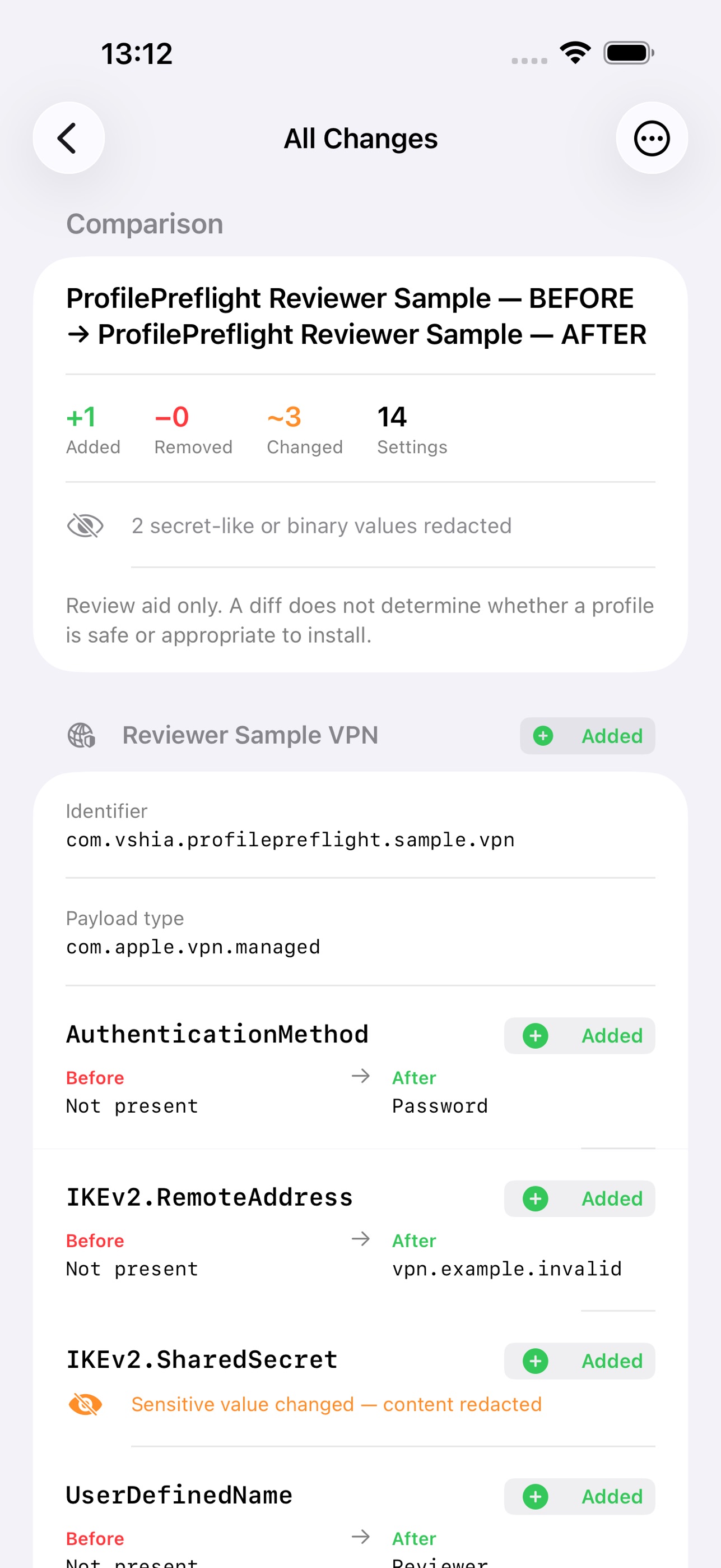 Screenshot 2 of ProfilePreflight: Config Diff