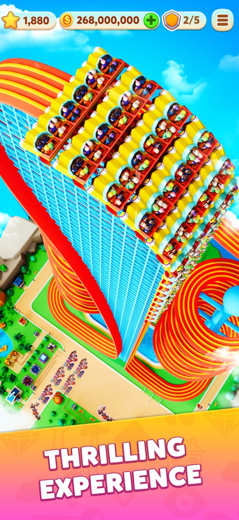 Carnival Tycoon: Coin Games - Users can construct impressive, multi-layered roller coasters that provide a thrilling experience for virtual guests, showcasing both the ride's complexity and the park's vibrant layout.