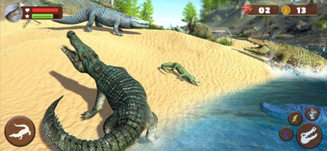Wild Crocodile Family Sim - Los usuarios pueden observar una familia de cocodrilos de varios tamaños, desde crías hasta adultos imponentes, moviéndose entre el agua y la tierra, lo que subraya la versatilidad del hábitat y las animaciones detalladas de los reptiles en acción.