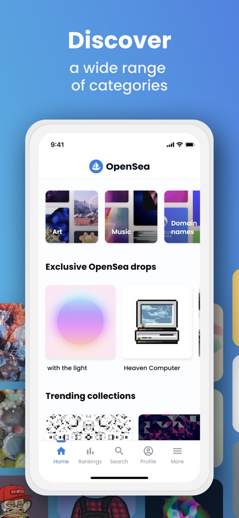 OpenSea: NFT marketplace - Explore the app's intuitive discovery interface, presenting categorized filters for 'Art' and 'Music', alongside a prominent section dedicated to 'Exclusive OpenSea drops' for new releases.