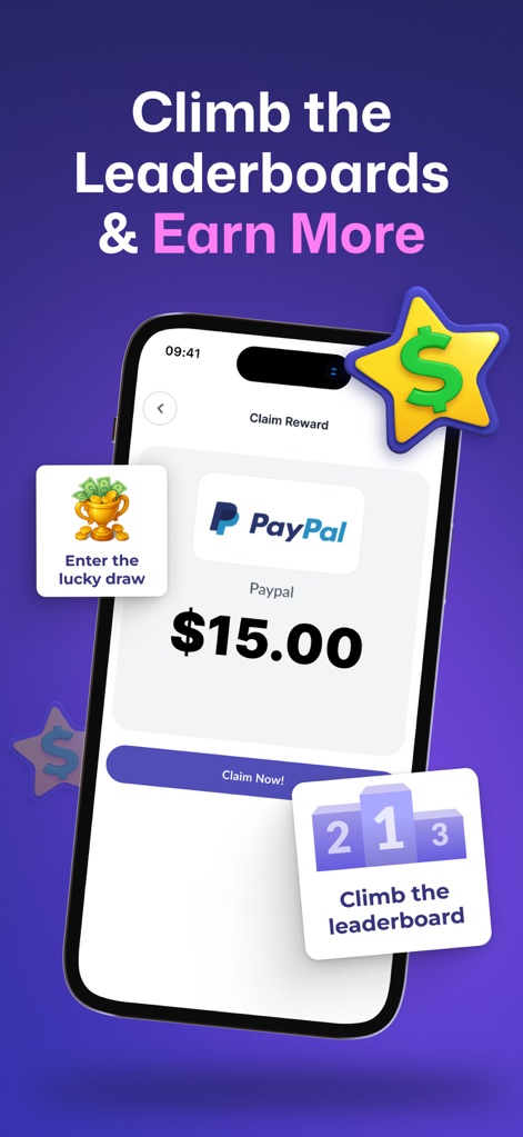 EarnStar: Earn Money Fast - The app provides clear options for claiming earnings via PayPal and encourages participation through features like the "Climb the leaderboard" challenge.