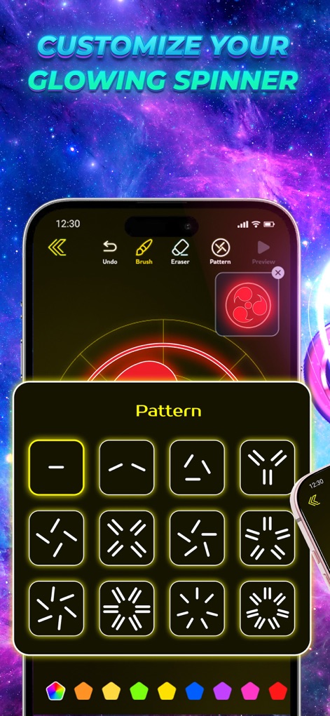 Finger Spinner Glow Art - 사용자는 다양한 추상적인 패턴 조각을 조합하여 자신만의 빛나는 스피너 디자인을 생성할 수 있으며, 실시간 미리보기 기능을 통해 즉시 결과를 확인할 수 있습니다.