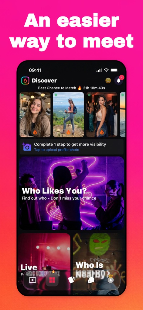 Video Dating App - Minglify - Users can easily find out 'Who Likes You?' and explore active 'Live' streams, enhancing their visibility and real-time social connections.