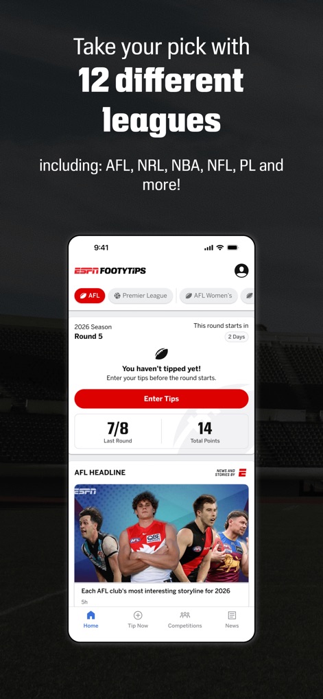 footytips - Footy Tipping App - ユーザーはAFLやプレミアリーグなど、幅広いスポーツリーグから選択して予想に参加でき、前回のラウンドの成績と現在の合計ポイントを容易に追跡できます。