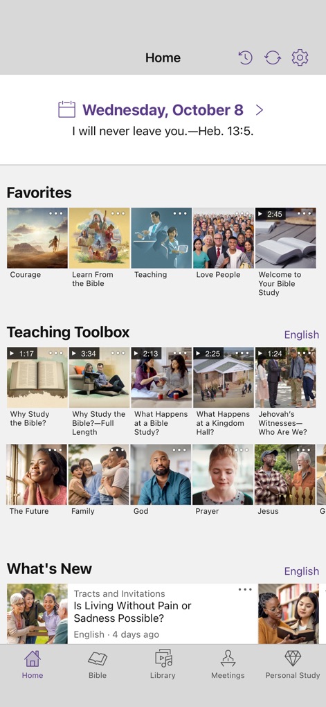 JW Library - Discover how the app presents a daily text for spiritual reflection and organizes diverse content into intuitive sections like "Favorites" and "Teaching Toolbox."