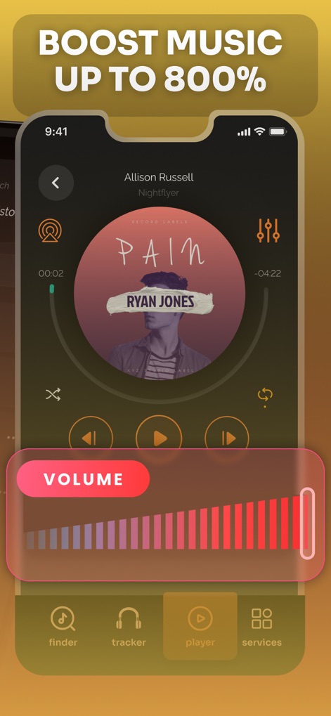 Headphones & Speaker Connect - Users can dramatically enhance their listening experience with the app's powerful volume booster, clearly displayed on the intuitive music player.
