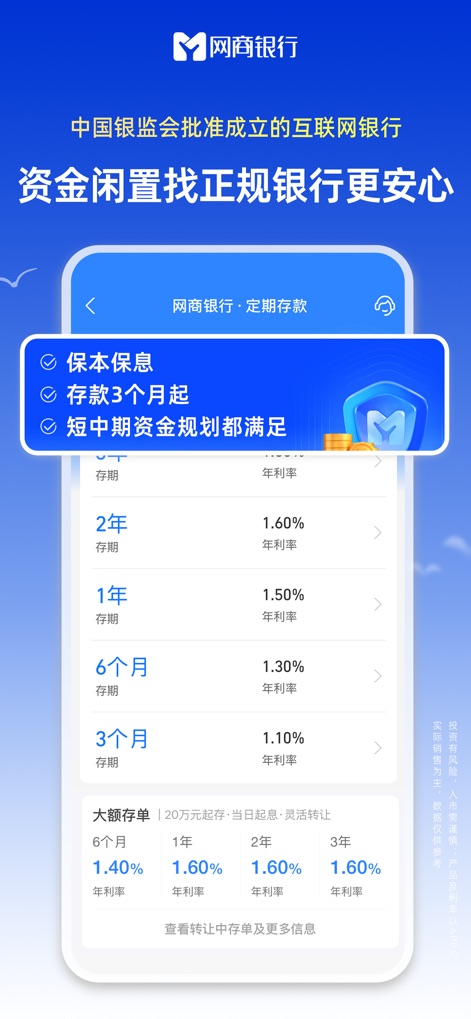 网商银行-贷款理财银行存款一站式金融服务 - The app showcases a secure fixed deposit service, highlighting the 'Principal and interest guaranteed' feature and competitive annual interest rates like 1.60% for a 2-year term.
