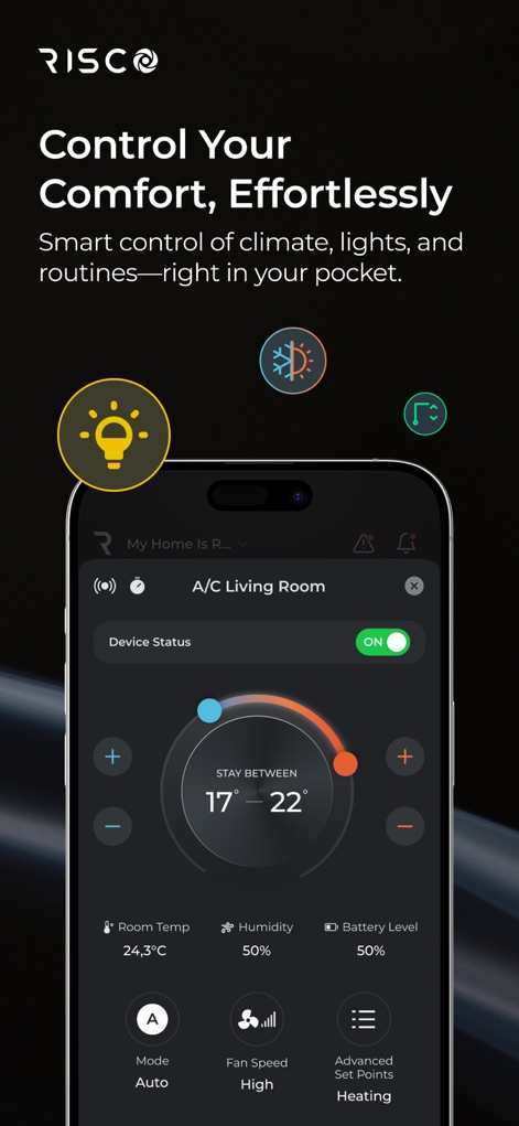 iRISCO - Os usuários podem gerenciar o conforto do ambiente através de um controle de temperatura intuitivo e visualizar o status de dispositivos como luzes e climatização diretamente na interface.