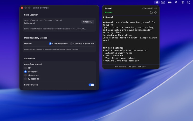 Barnal – Menu bar journal screenshot