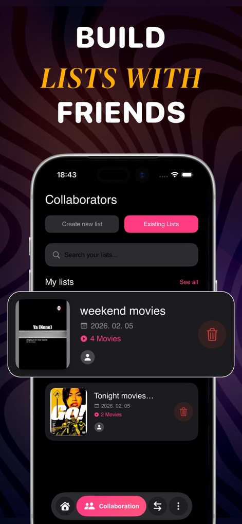 Streamex : Movies & TV Shows - Users can build collaborative watchlists with friends, creating new lists or viewing existing ones like 'weekend movies' which displays the number of included films.